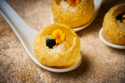 Pani puri topped with tobiko