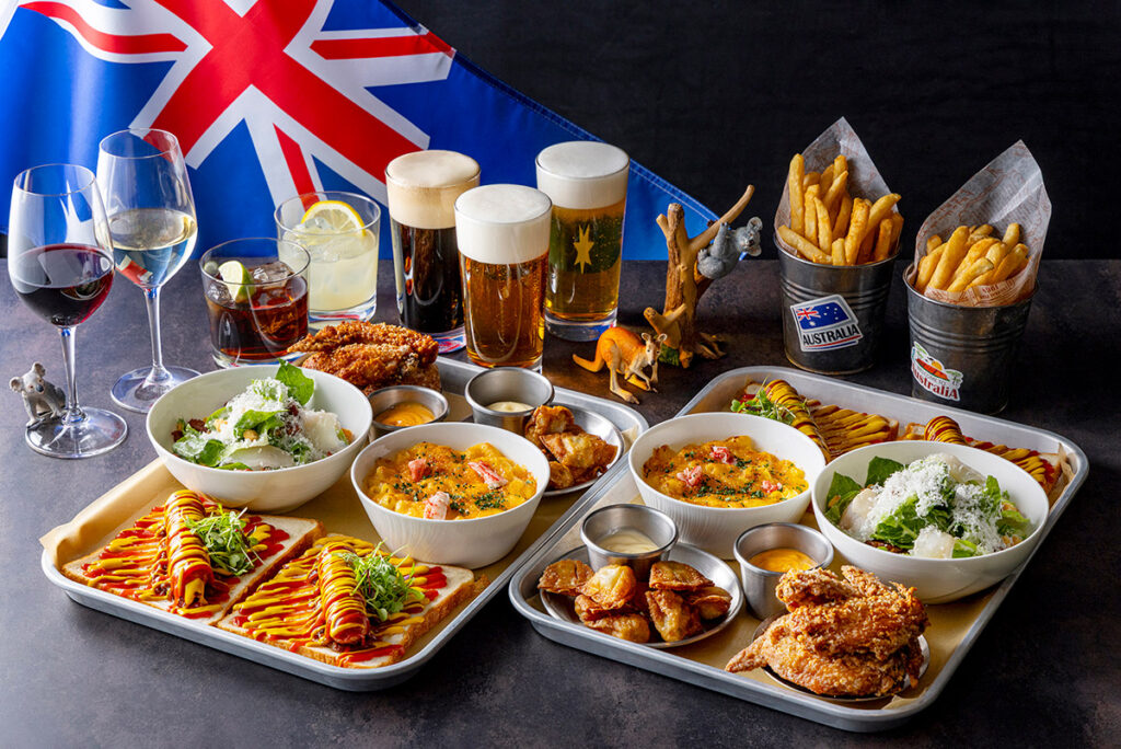 Aussie platter and drinks at a sunset beach–inspired beer garden